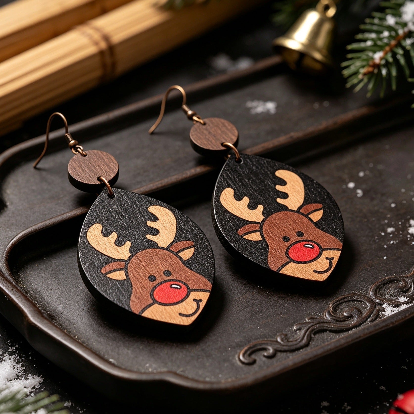 Wholesale Fashion Christmas Reindeer Wooden Geometric Dangle Earrings Jewelry Accessory For Party Boutique Resale