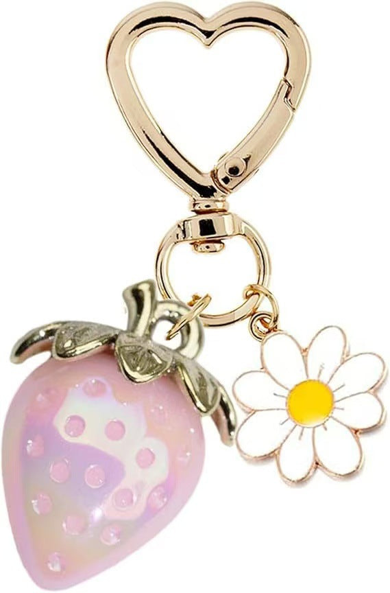 Wholesale Cute Strawberry Pearl Bow Bag Charm Keychain Plastic Resin Pendant Boutique Resale Car Key Accessory
