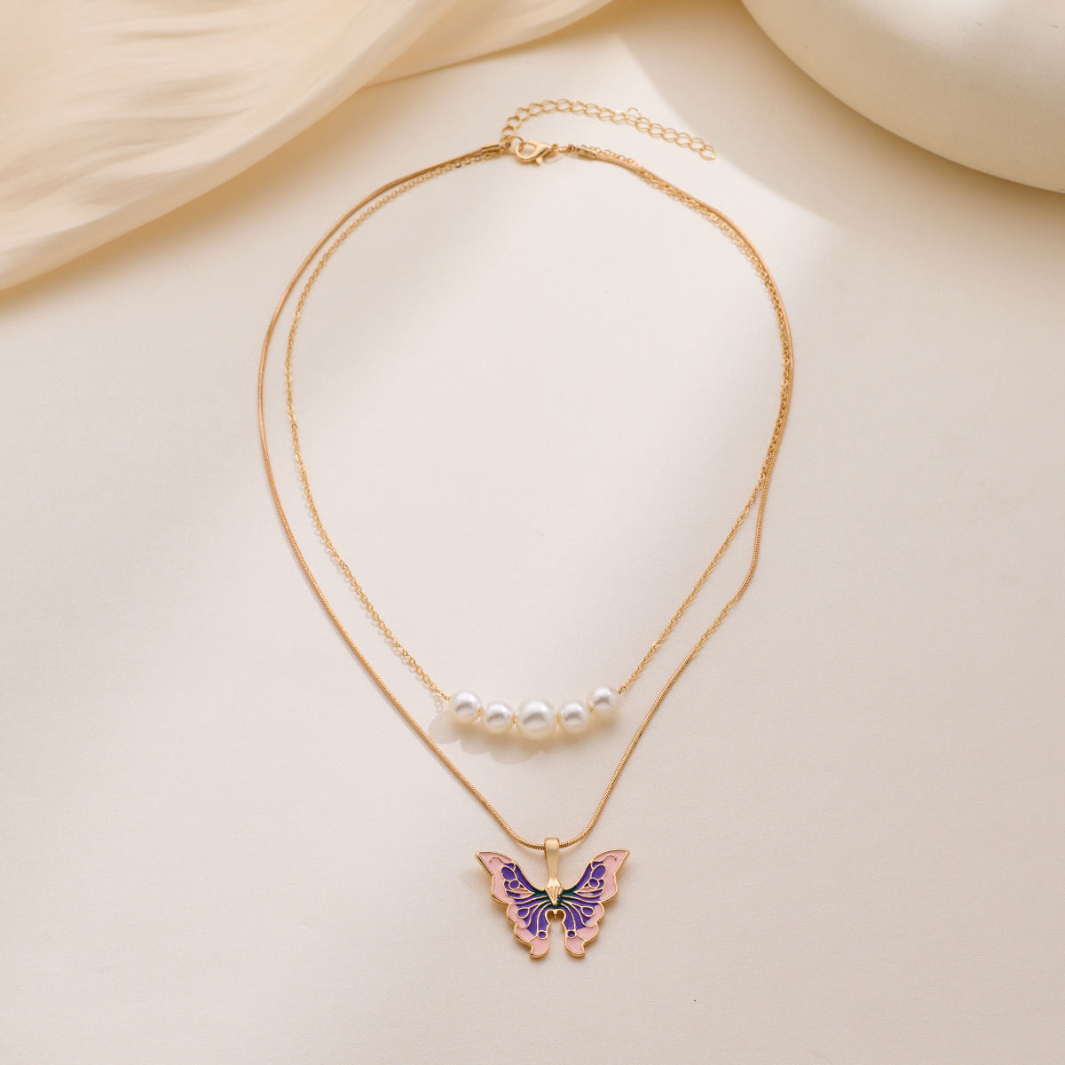 Wholesale butterfly necklace pearl double chain Necklace