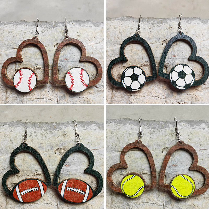 Wholesale Heart Shaped Sports Fan Earrings Wooden Geometric Hollow Dangle Earrings Stylish Fashion Accessory Gift