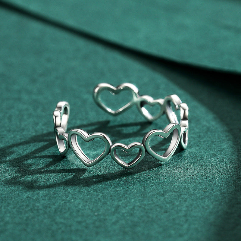 Wholesale s925 sterling silver retro irregular heart-shaped hollow heart index opening adjustable silver jewelry ring