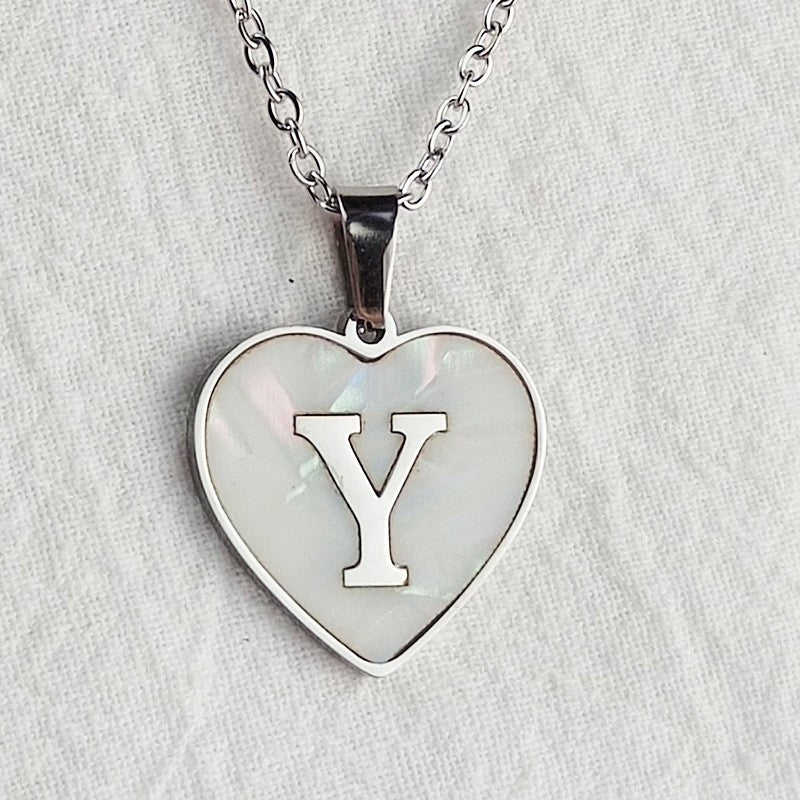 Wholesale 26 English Letters Heart Inlaid Shell Titanium Steel Necklace ACC-NE-DingChao002