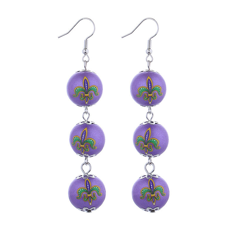 Wholesale Mardi Gras Earrings Purple Yellow Green Tricolor Beaded Long Earrings