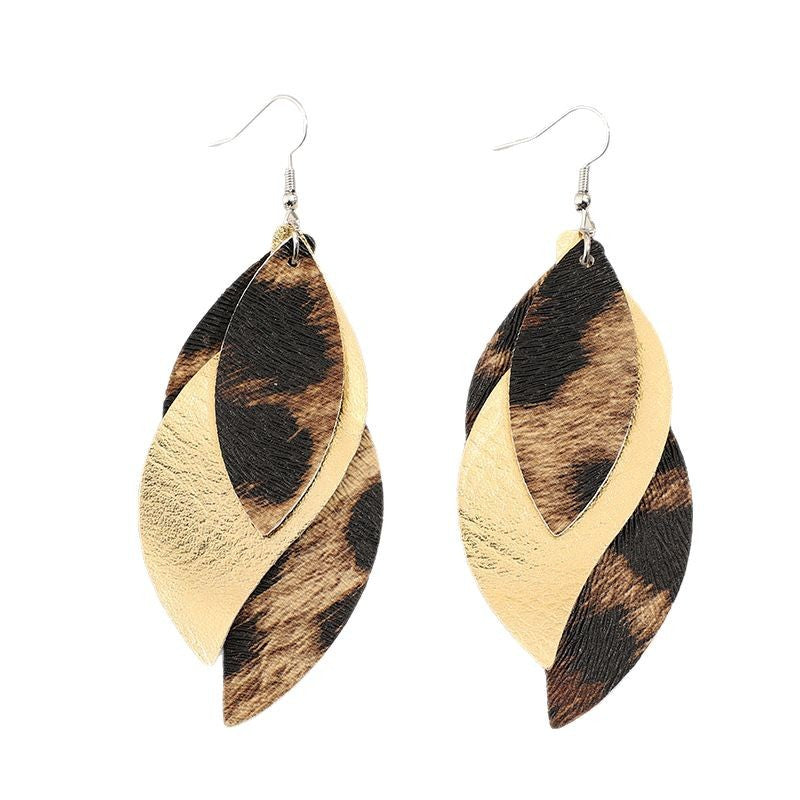 Wholesale Retro style three-layer PU leather leopard print earrings