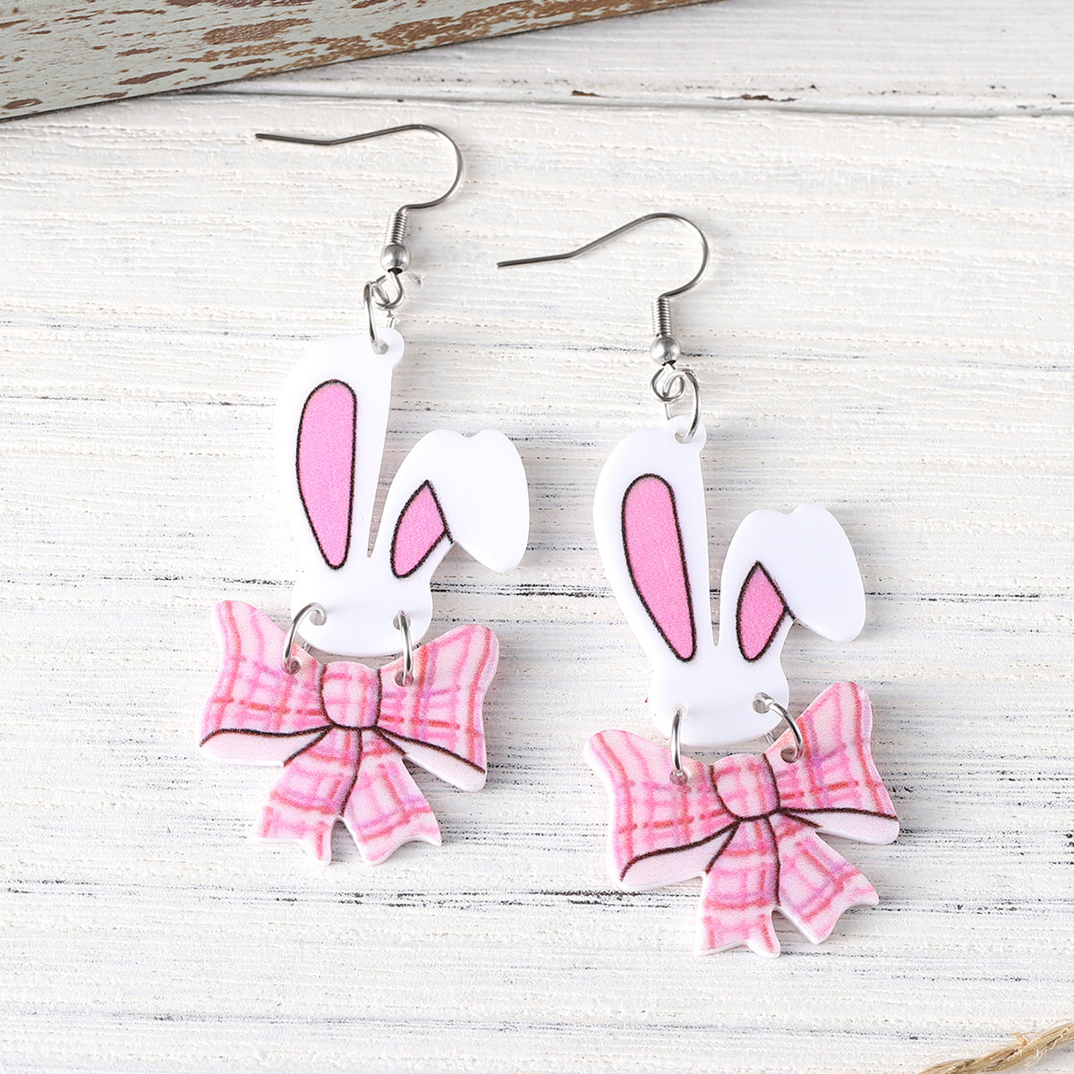 Wholesale  Easter Cute Bow Bunny Stitching Pendant Earrings