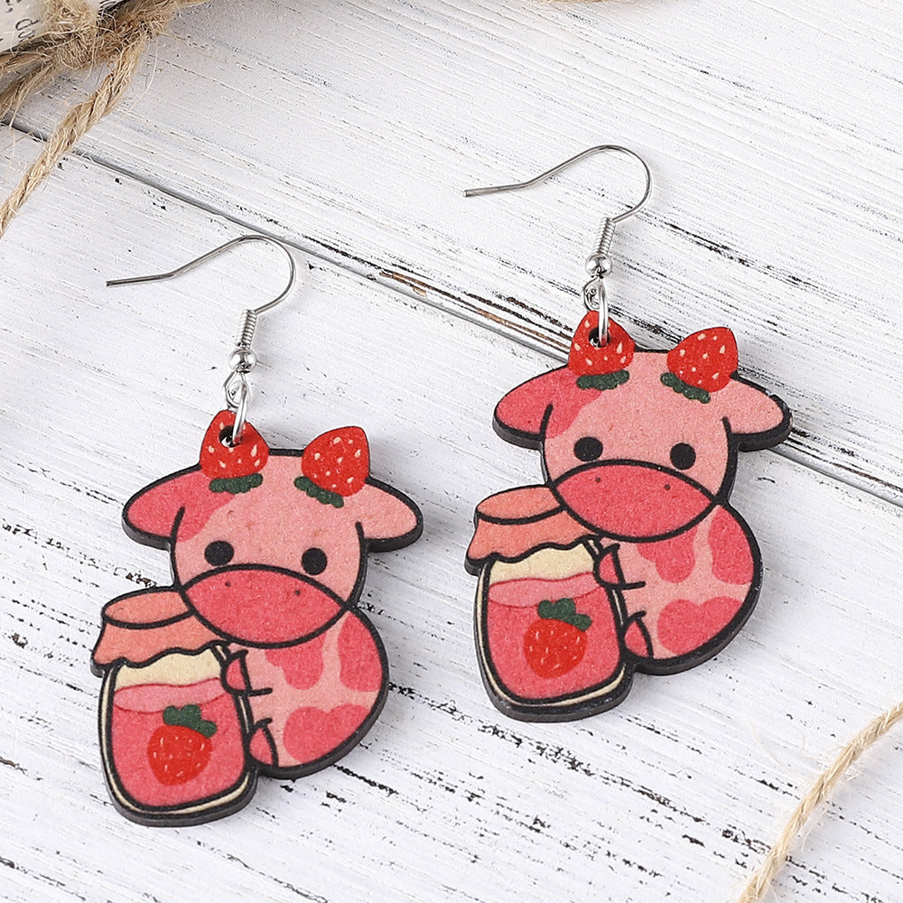 Wholesale Cute Cartoon Strawberry Cow Double-sided Wooden Earrings