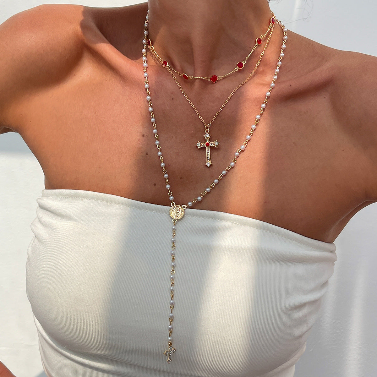 Wholesale Stylish Layered Cross Pendant Necklace With Tassel Rhinestone Gold Tone Alloy Electroplated Fashion Jewelry Accessory For Resale