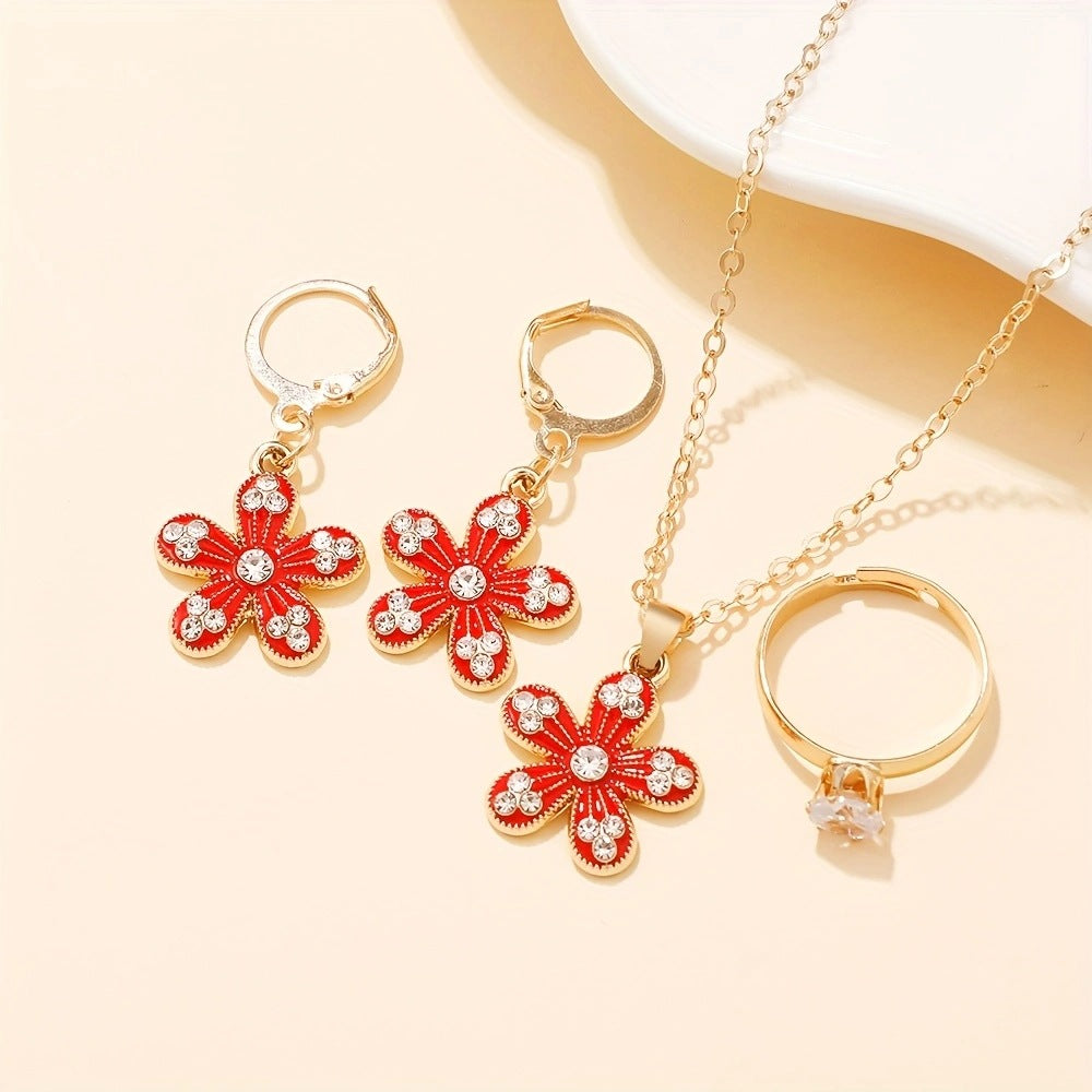 Wholesale Trendy Red Flower Rhinestone Necklace and Earrings Set,  Metal Electroplated Multi-Layer Chain,  Boutique Resale