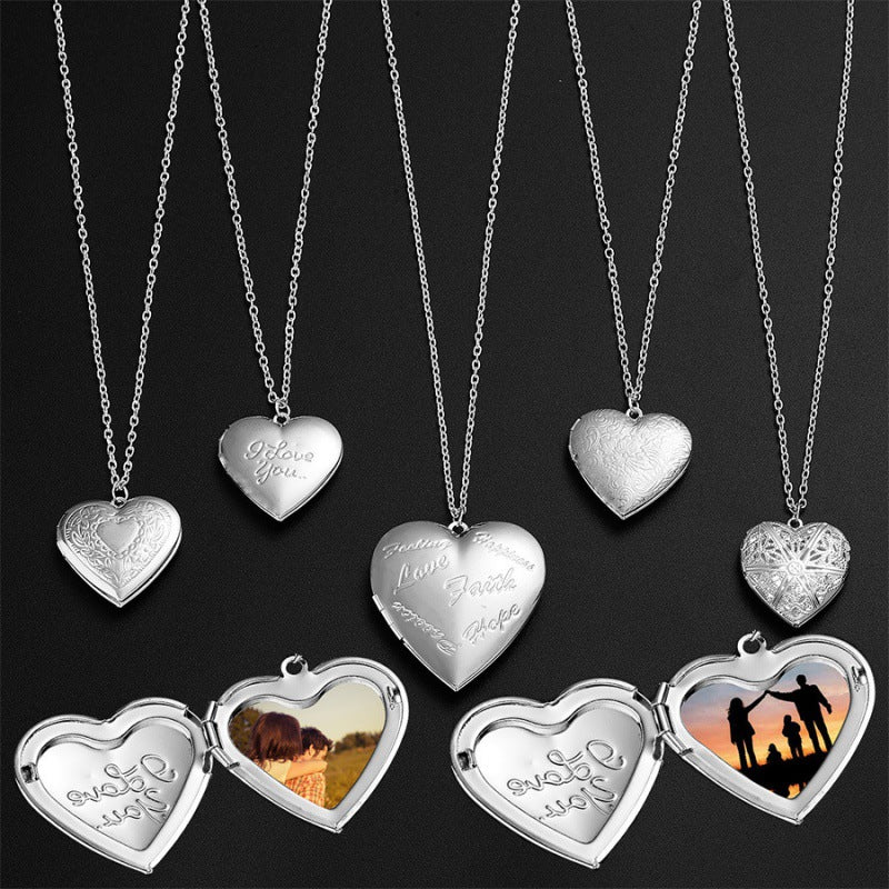 Wholesale Carved Love Heart Openable Photo Frame Photo Box Photo Pendant Necklace