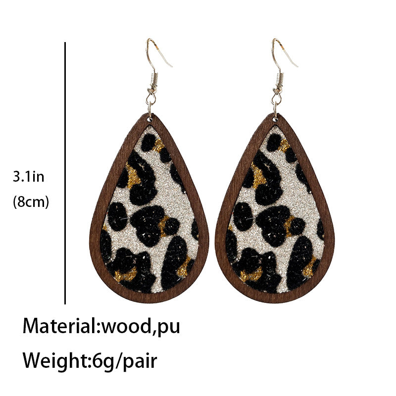 Wholesale 3 pairs/  pack Leather-look rainbow leopard print teardrop-shaped wooden earrings