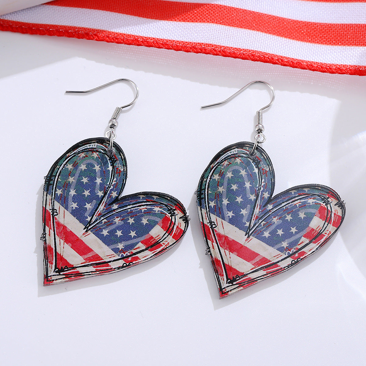 Wholesale Independence Day Red White Blue Stripes Stars American Flag Heart Earrings