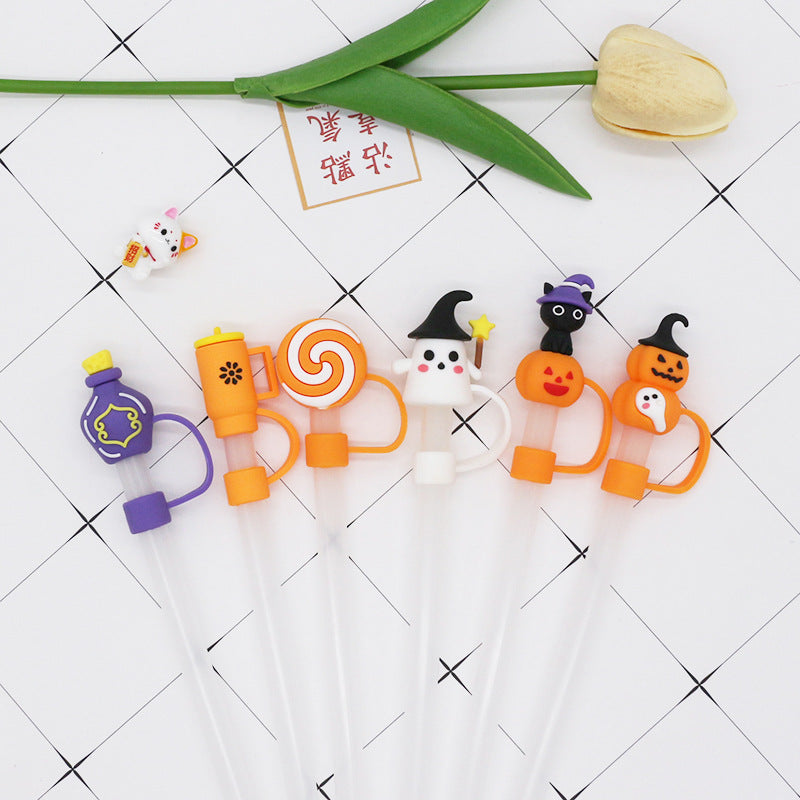 Wholesale  Straw Cover Fun PVC Dust Proof Cap For Straight Straws 10Mm White Star Ghost Straw Tube Cap
