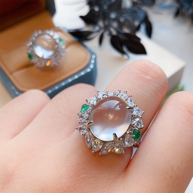 Wholesale Natural Chalcedony Gray Agate White Jade Full Diamond Open Ring Necklace Set ACC-NE-KaLuoqi001