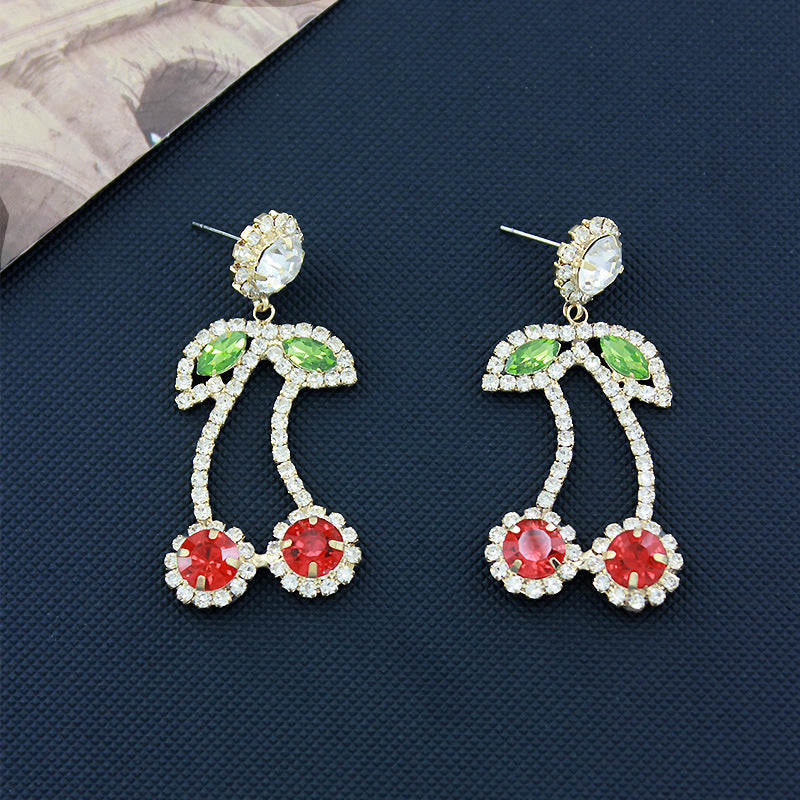 Wholesale  Red Rhinestone Cherry Pendant Earrings