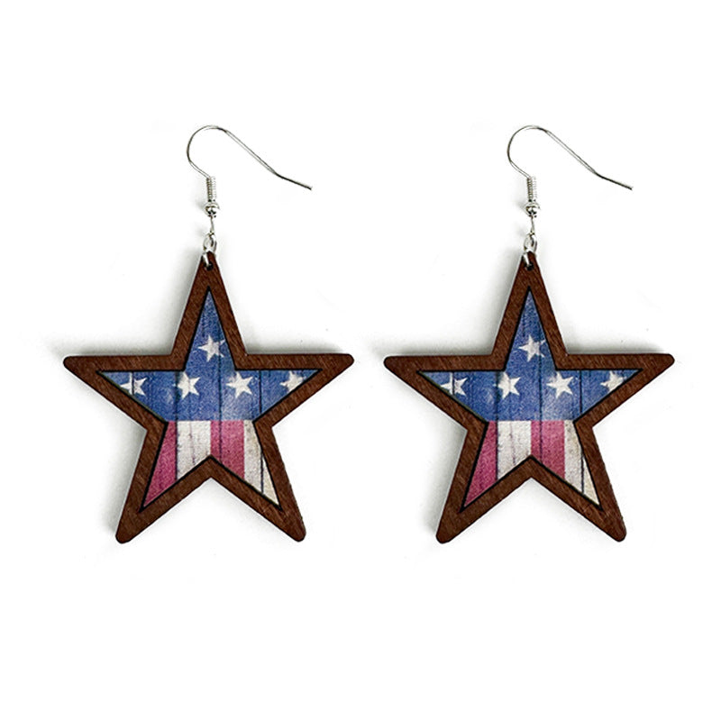 Wholesale American Independence Day Western Style Pentagram Wooden Earrings ACC-ES-XinChuan015