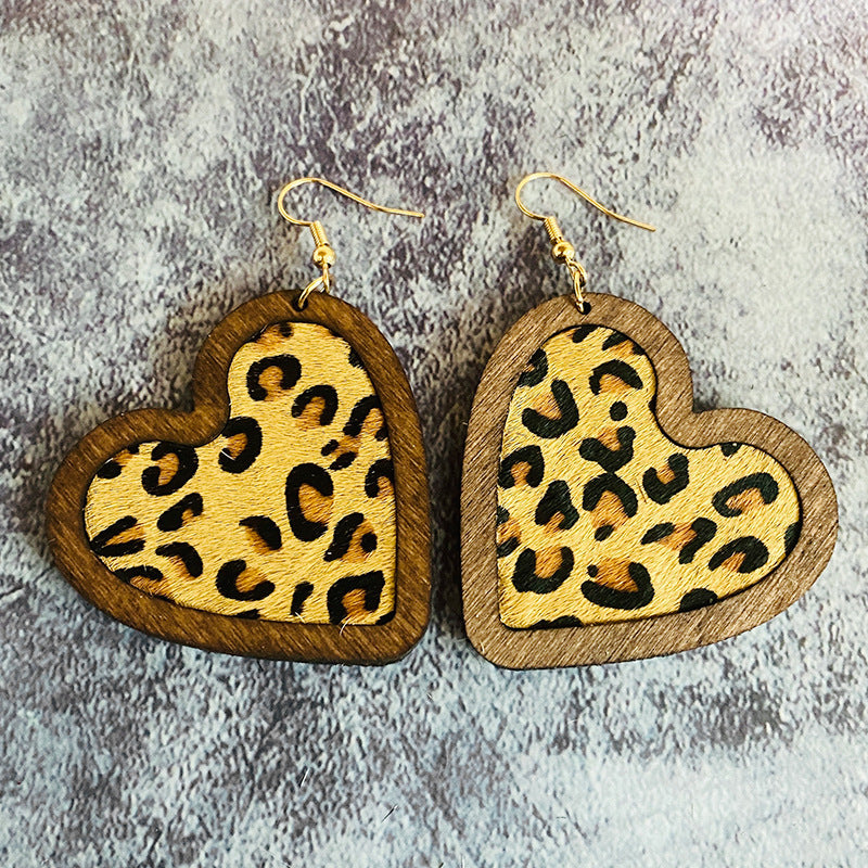 Wholesale Leopard Pattern Cow Pattern Heart Shaped Wooden Earrings ACC-ES-XinChuan010