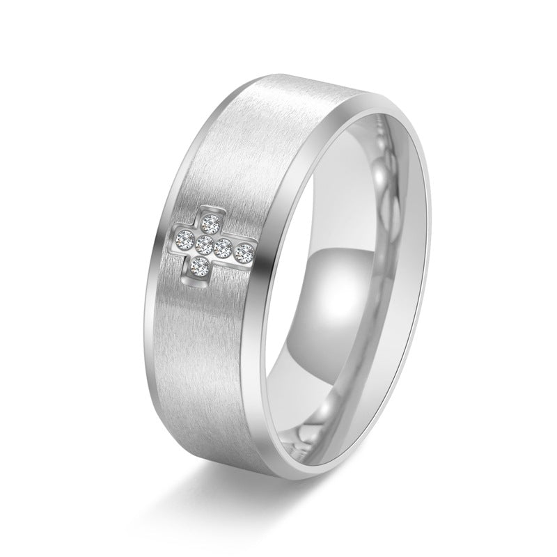 Anello in titanio con croce diamantata spazzolata larga 8 mm all'ingrosso