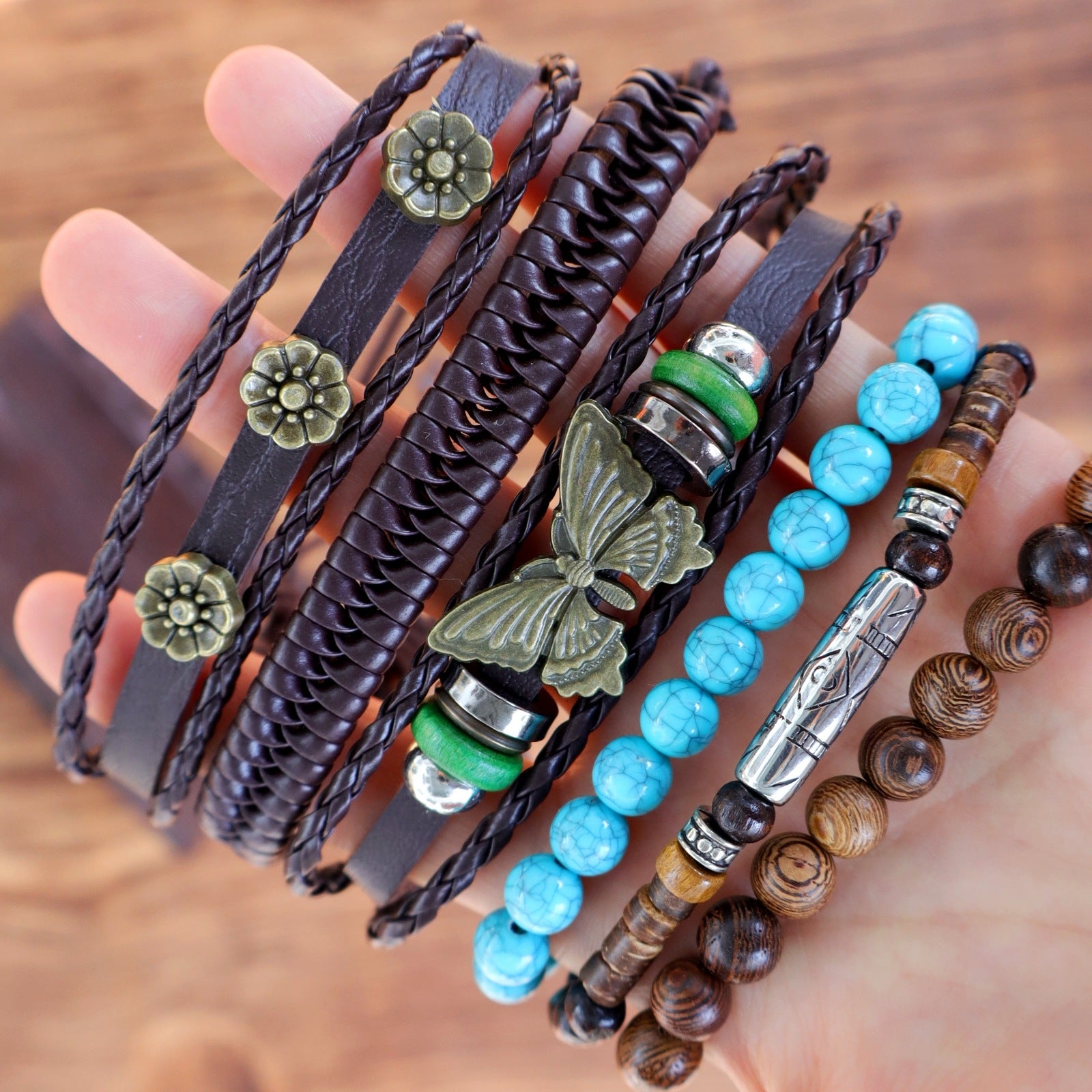 Wholesale Retro Handmade Leather Bracelet Set - 6 Piece Bohemian Fashion Accessory for Everyday Wear