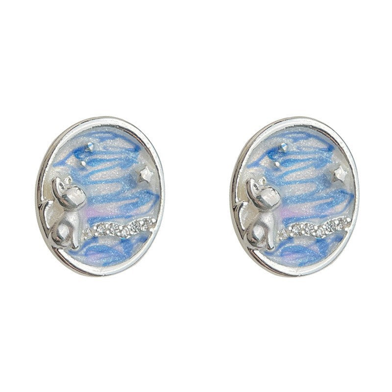 Wholesale Copper Blue Enamel Drip-Glazed Flower Earrings,  Fresh Floral Pearl Studs,  Fashion Accessory