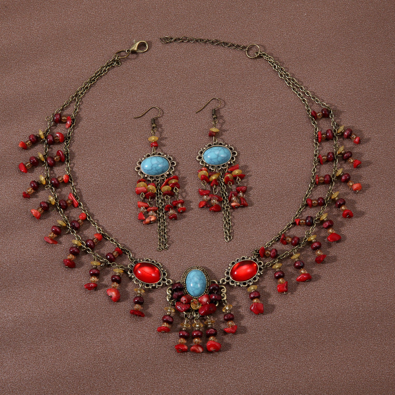 Wholesale Ethnic Style Red Eyebrow Pendant Headdress Necklace Earrings ACC-NE-Gumi001