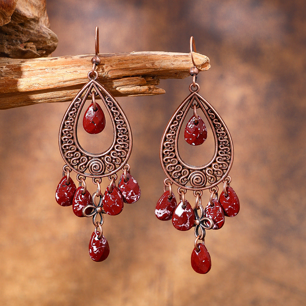 Wholesale Vintage Chinese Style Red Tassel Earrings Long Exaggerated Party Wear Jewelry Accessory