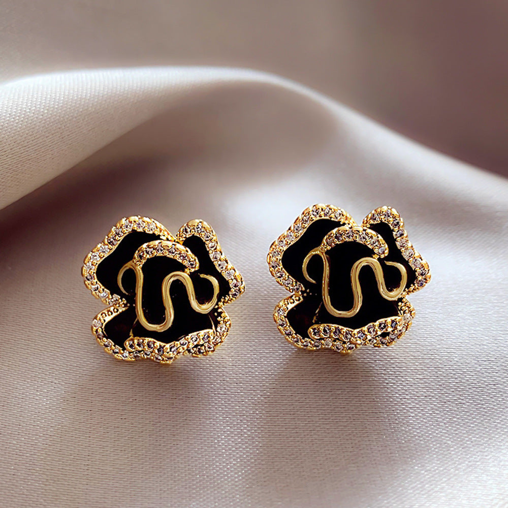 Wholesale Zircon Camellia Ear Clip Gold Light Luxury Flower Earrings