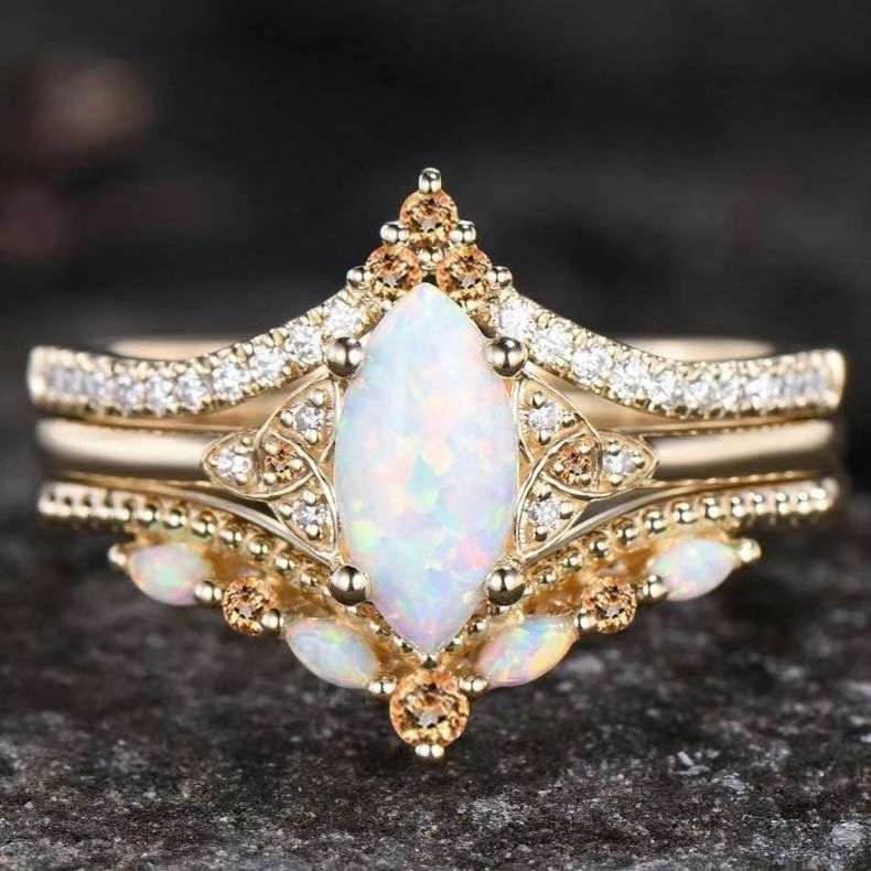 Wholesale Women' s Fashion Alloy Electroplated Marquise Opal Ring Set in Gold for Boutique Resale