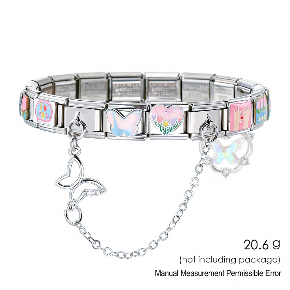 Wholesale Stylish DIY Welded Stainless Steel Module Bracelet Set with Oil-Drip Pattern and Butterfly Pendant Fashion Accessory