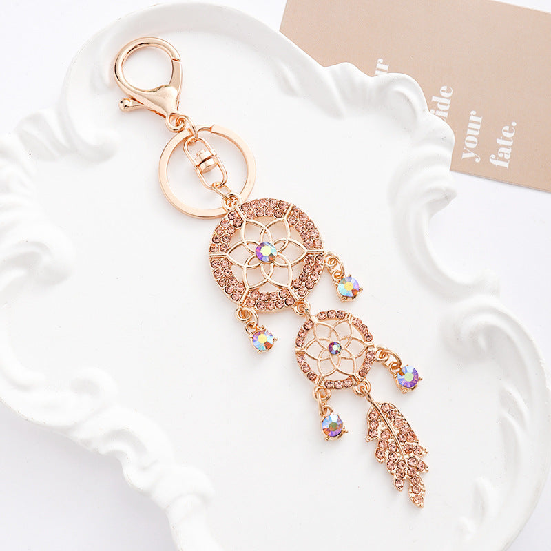Wholesale  New Dream Catcher Creative Diamond Hollow Feather Keychain Car Bag Pendant Metal Small Gift