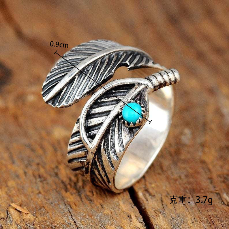 Wholesale  turquoise ring  retro feather  opening  ring