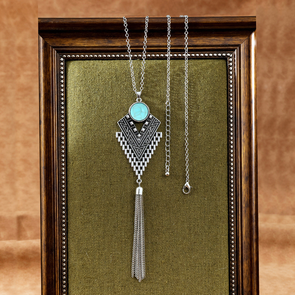 Wholesale European and American Foreign Trade Multi-Color Turquoise Fashionable Tassel Geometric Necklace Retro Ethnic Style Versatile Daily Accessories