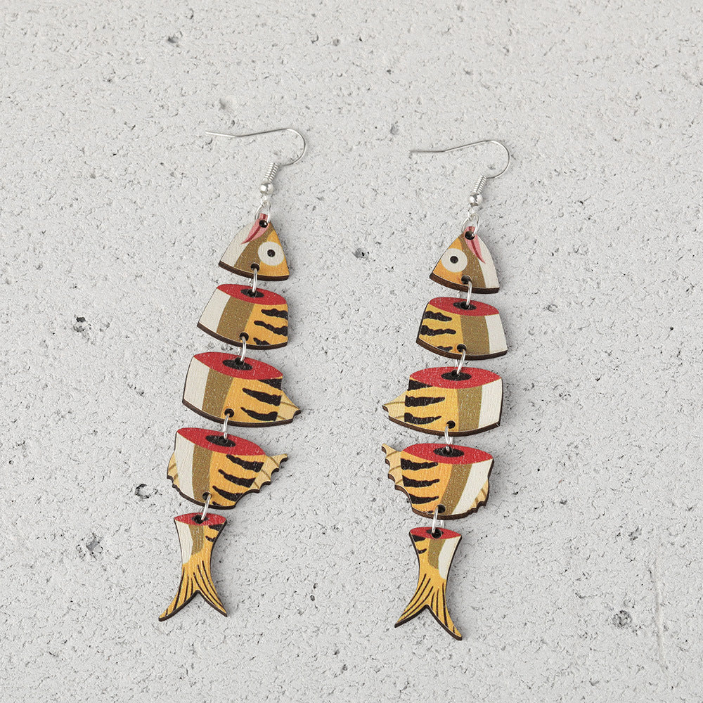 Wholesale  wood earrings personalized fish-shaped multi-segment connection earrings