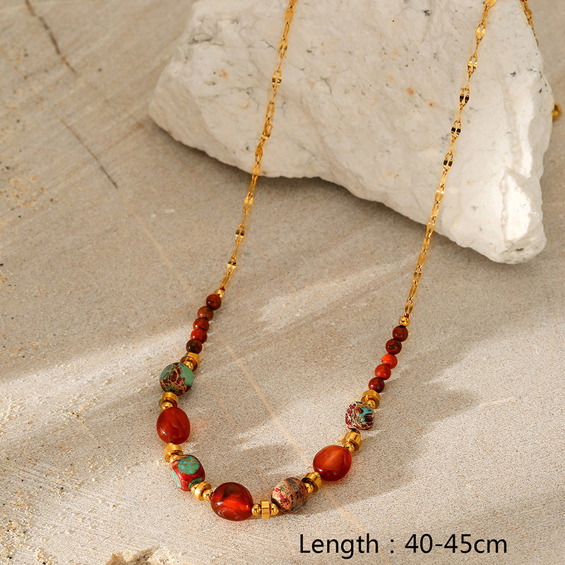 Wholesale Multi-Layered Colorful Natural Stone Titanium Steel Pendant Necklace