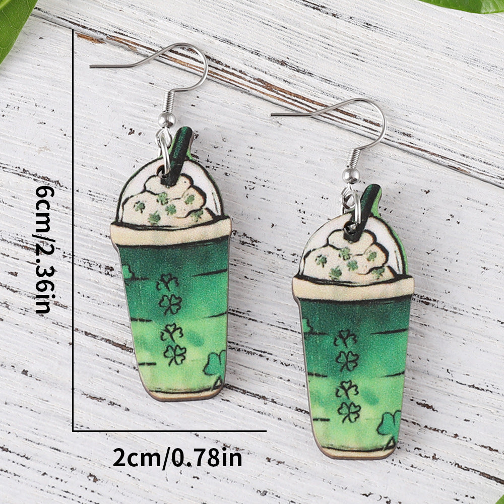 Wholesale St Patrick's Day Clover coffee cup ice cream wooden double-sided earrings