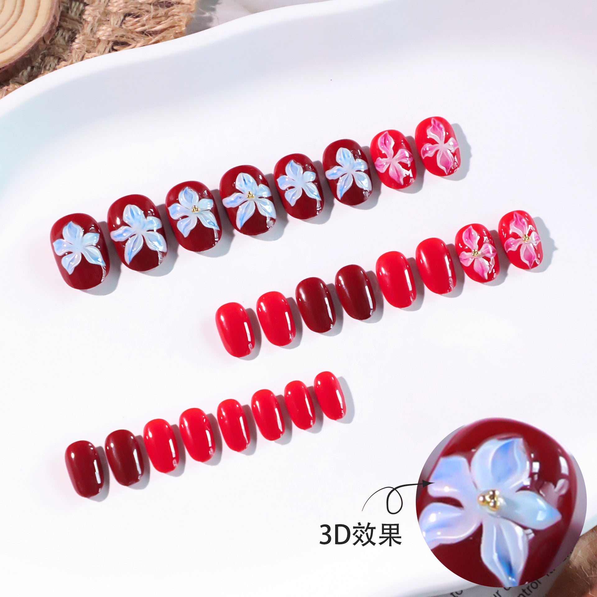 Wholesale 24 Pieces/box Burgundy 3D Flowers Bow Nails Kits Nail Stickers