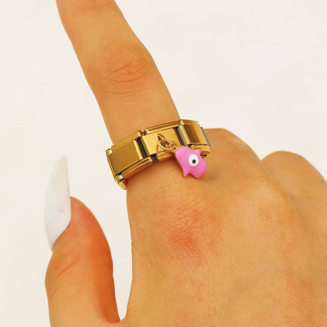 Wholesale oil-drip Devil Eye titanium steel square module ring