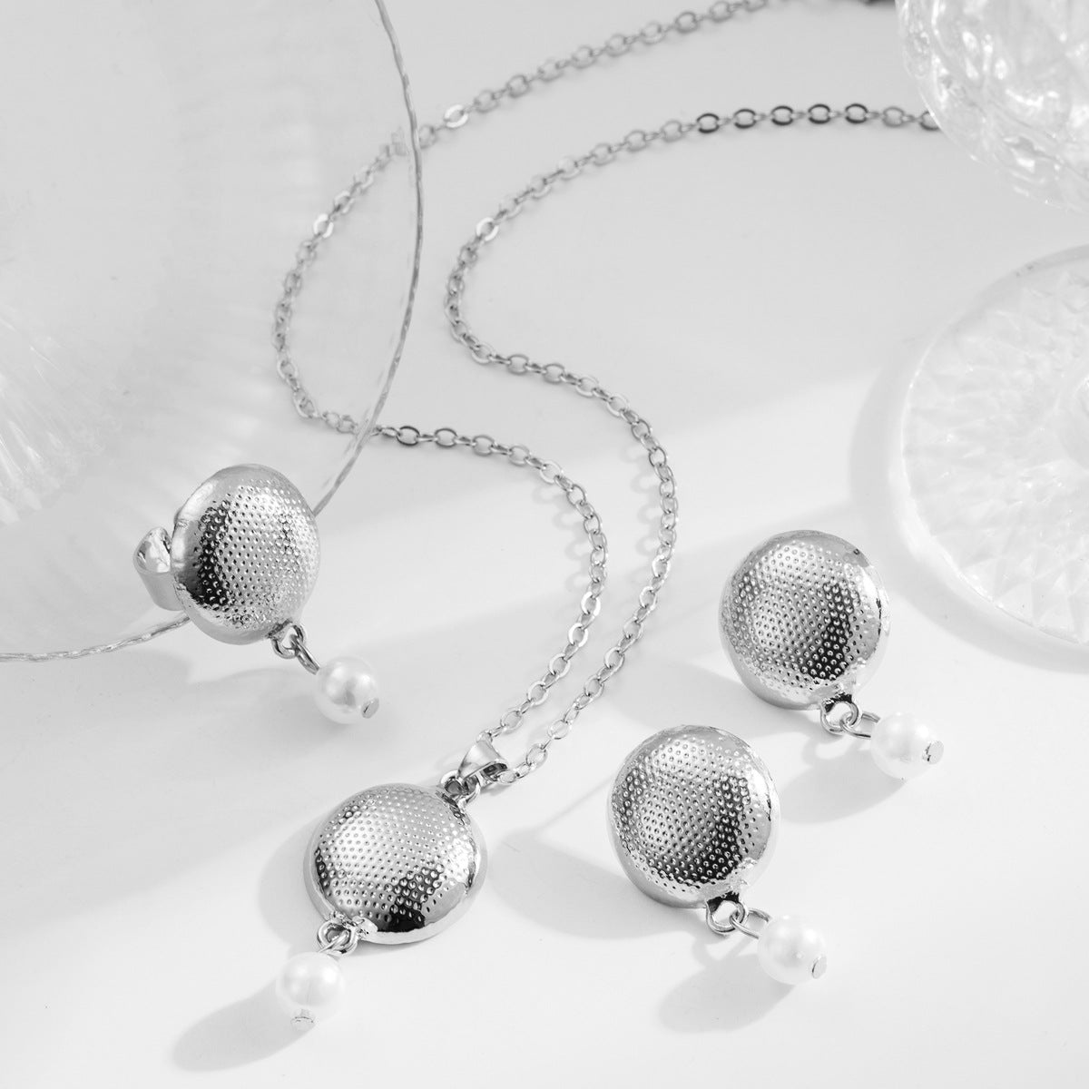 Wholesale Striped Alloy Pearl Tassel Earrings Ring Necklace  Niche