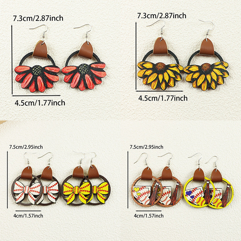 Wholesale Sports Sunflower Flower Baseball Bow Leather Wooden  Earrings