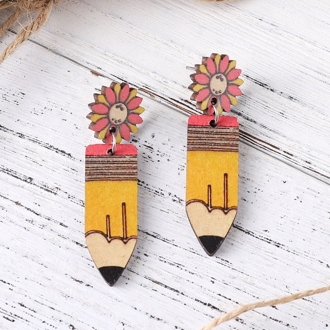 Wholesale Back to School sunflower pencil earrings graduation season wood earrings