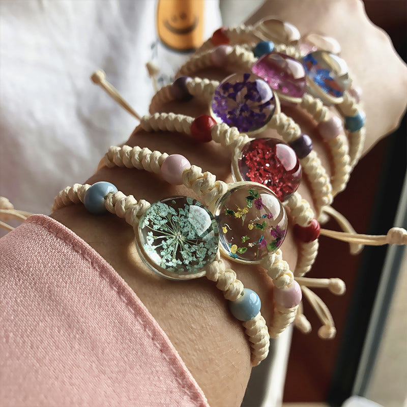 Wholesale Women' s Handmade Dried Flower Bracelet with Glass Ball Charm,  Red,  Boutique Resale Gift for Everyday Wear