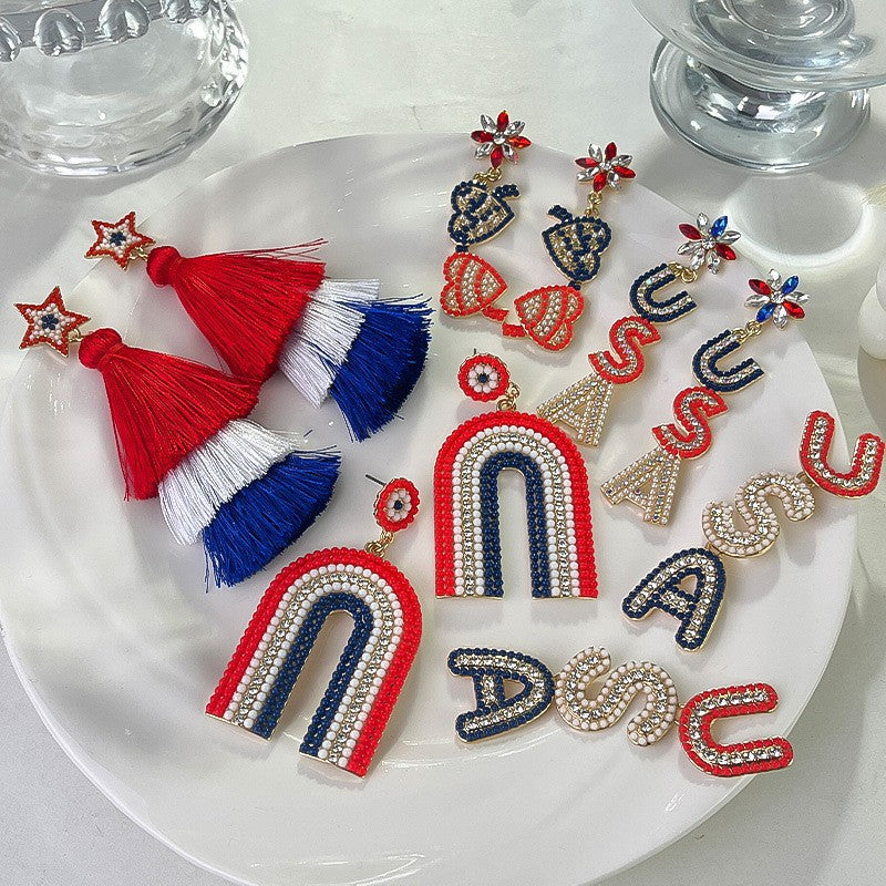 Wholesale  US Independence Day Creative Metallic Set with Rice Bead Earrings