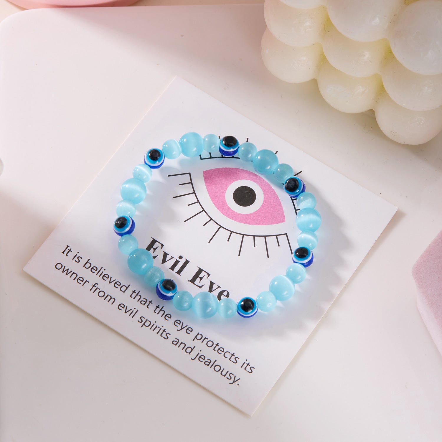 Wholesale Pink White Cat's Eye Handmade Beaded Blue Devil's Eye Bracelet