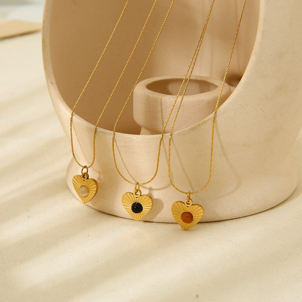 Wholesale Vintage Heart Natural Stone Pendant Necklace Gold Plated Stainless Steel Fashion Accessory Gift for Women