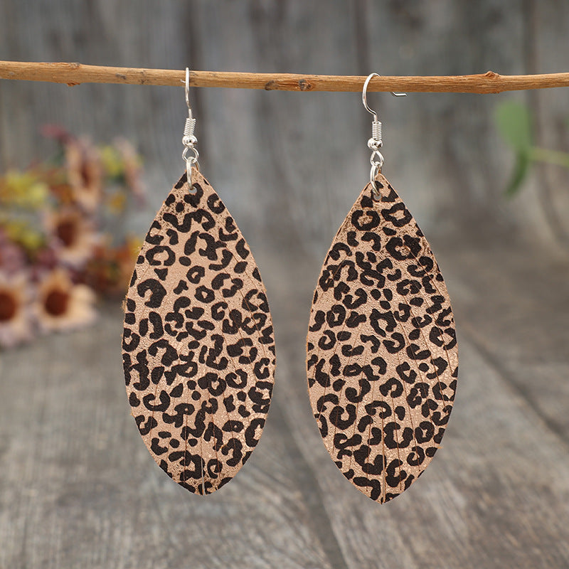 Wholesale  Bohemian Retro Leaf Print Random Leopard Tassel Leather Earrings