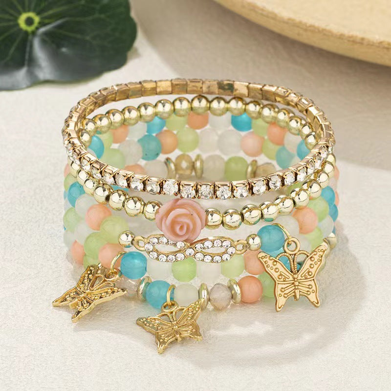 Wholesale Bohemian Multi-layer Rose Butterfly Diamond Elastic Beaded Bracelet ACC-BT-FengLi005