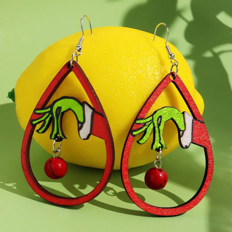 Wholesale  Green Frog Wooden Earrings  Christmas Funny Stitching Green Earrings