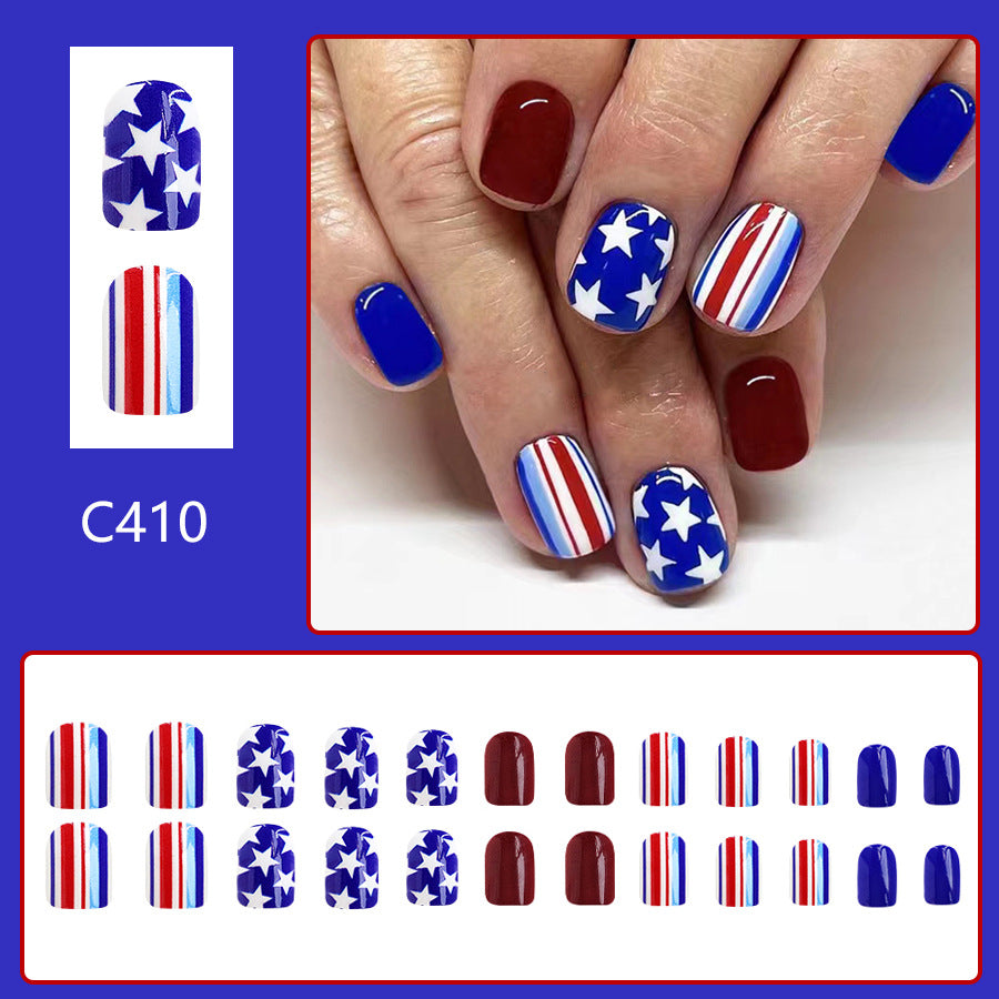 Wholesale 24 Pieces/box American Independence Day Short Glossy Five-pointed Star Manicure Press-on Nails Kits Nail Stickers ACC-NS-GuaiXL015