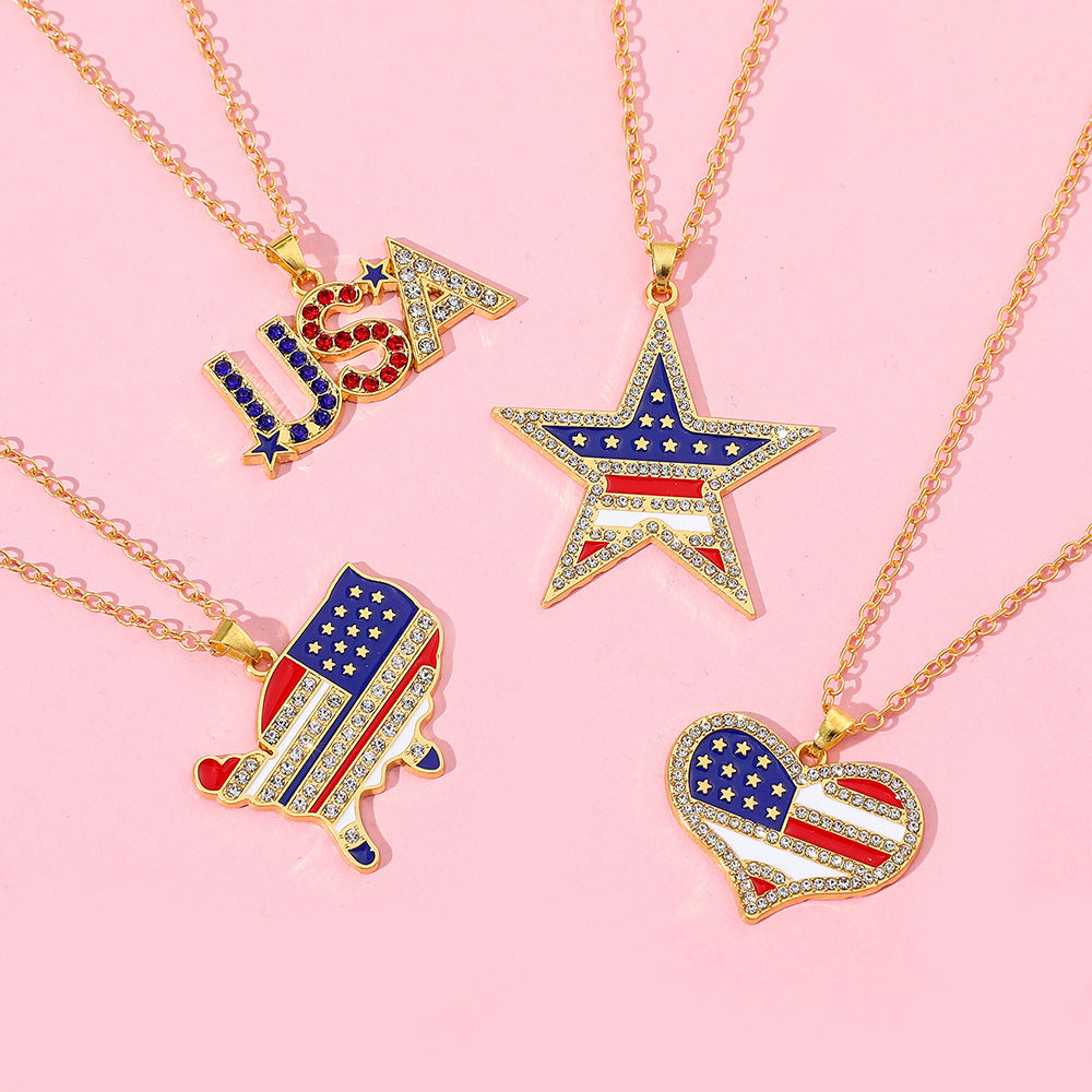 Wholesale American Independence Day Flag Five Pointed Star Diamond Alloy Necklace ACC-NE-MingXin001