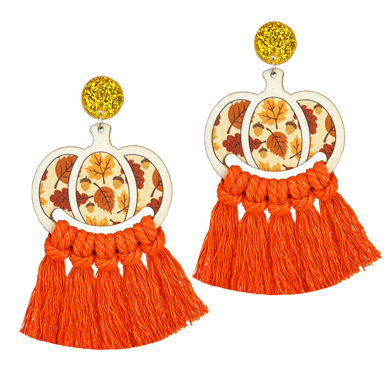 Wholesale 2 Pairs/pack Thanksgiving Day Braided Tassel Earrings Turkey Pumpkin Wood Earrings ACC-ES-HY146