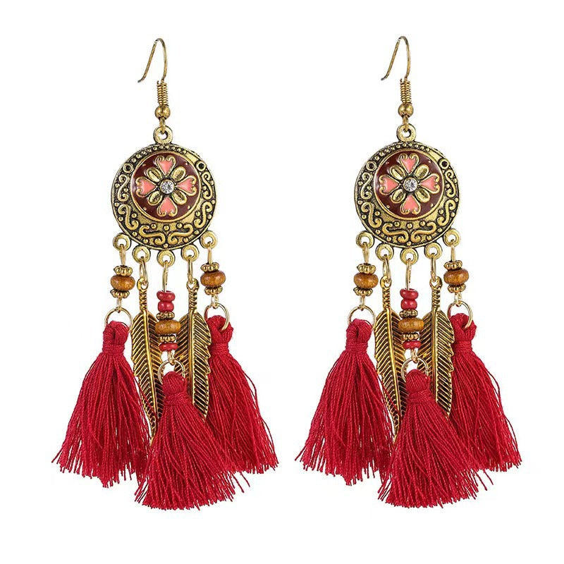 Wholesale Alloy Diamond Cut Bohemian Tassel Earrings Ethnic Style Fashion Accessory